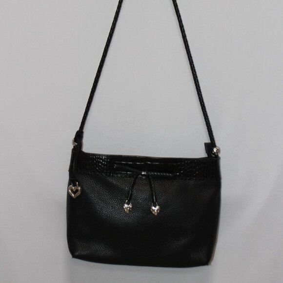 Brighton Black Leather Shoulder Bag Croc Pattern Trim Bow with Hearts - Picture 2 of 16